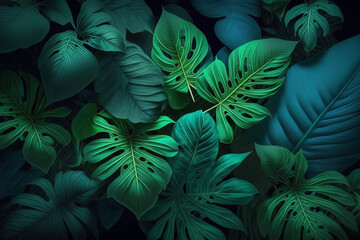 Fototapeta na wymiar Abstract background of exotic green leaves with generative AI technology