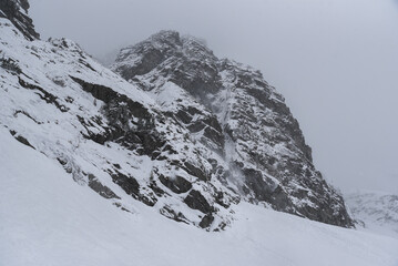 A small dust avalanche in winter in the Tatra Mountains in Poland.