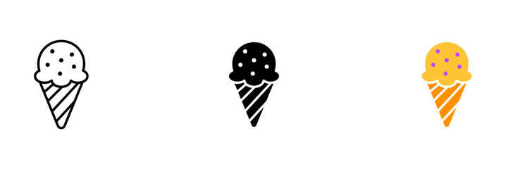 A scoop of ice cream with a cone on a white background. Vector set of icons in line, black and colorful styles isolated.