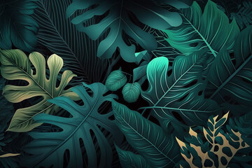 Naklejka na ściany i meble Abstract background of exotic green leaves with generative AI technology