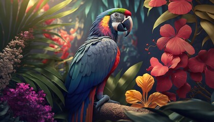 Background for tropical wallpaper including flora and birds. Excellent pc wallpaper with a stunning abstract backdrop. Generative Ai.