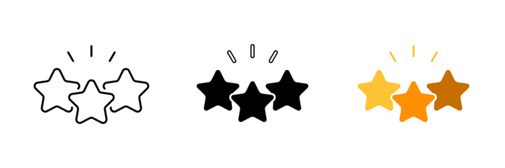A set of three stars in various colors and shapes, often used to indicate high quality, good performance, or achievement. Vector set of icons in line, black and colorful styles isolated.