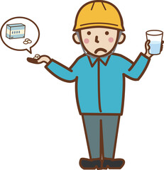 薬を飲むヘルメットをかぶった作業員の男性。