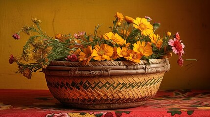 Obraz na płótnie Canvas Yellow flowers in wooden basket, Generative AI