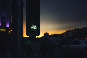 Green signal for bicycles at traffic lights on Irish street in Dublin