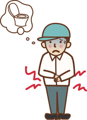 お腹が痛くて、トイレに行きたい帽子をかぶった男性。