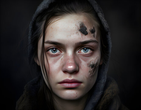 Ukrainian woman, war, bombed, dirty, sad, generative ai