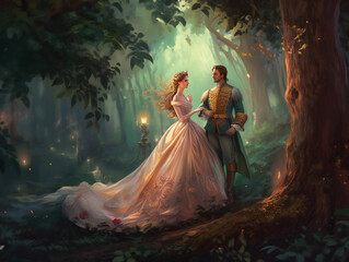 Fototapeta na wymiar majestic prince and princess portrait, fairy tale inspired couple illustration, generative AI