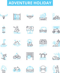Adventure holiday vector line icons set. Voyage, Expedition, Trek, Tour, Holiday, Camp, Journey illustration outline concept symbols and signs