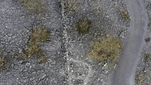 A person walks through Finvarra castle ruins atop Knockma Hill, Top-down Aerial 