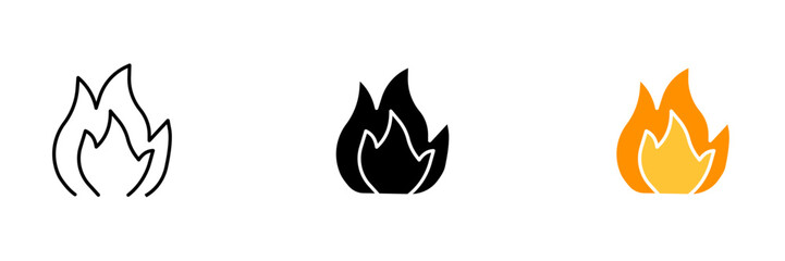 An illustration of flames and smoke, representing a fire and its destructive power. Vector set of icons in line, black and colorful styles isolated.