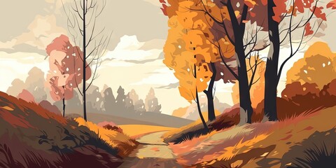A scenic path in an autumn park with beautiful landscape, Generative AI