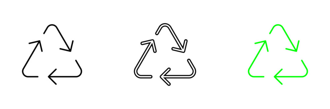 An illustration of a recycling symbol, representing the process of recycling and sustainability. Vector set of icons in line, black and colorful styles isolated.