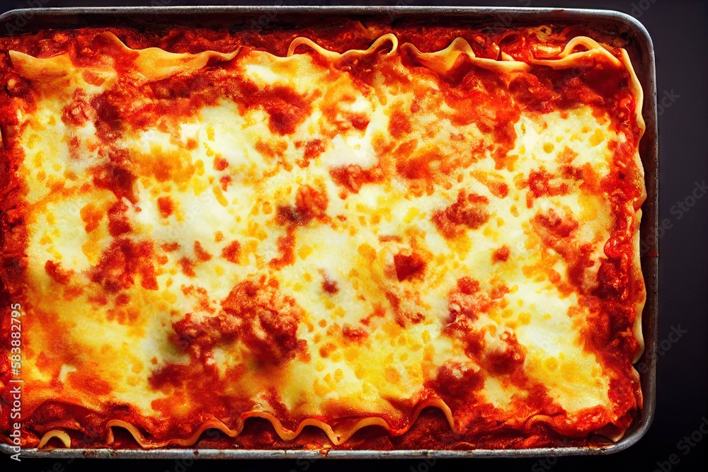 Canvas Prints Homemade Italian lasagna with tomatoes, minced meat and cheese in baking dish, created with generative ai