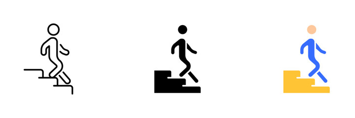 A vector illustration of a person descending stairs or steps. Vector set of icons in line, black and colorful styles isolated.