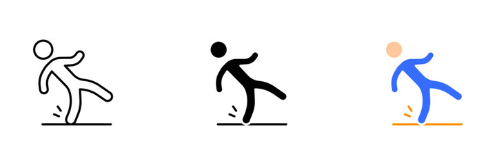 Fototapeta na wymiar A vector illustration of a person falling on a set of stairs or steps, depicting a potential accident or injury. Vector set of icons in line, black and colorful styles isolated.