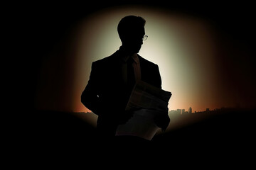 Businessman silhouette holding papers. - Executive, contract, agreement, professional, corporate, career, success, leadership, decision.