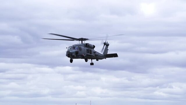 Sikorsky SH-60 Seahawk Hovering Over Clouded Sky.