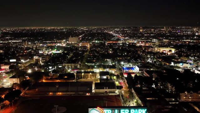 Hollywood Los Angeles CA USA at Night, Aerial View of Street Lights, Buildings and Traffic on Sunset Boulevard