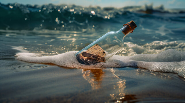 letter in a bottle on sand beach , sunrice, tropical island.  Ai generative