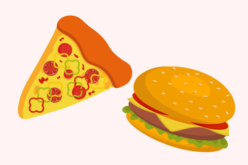 Classic pizza and hamburger close-up. Fast food, hamburger, sandwich. Design for posters, menu, restaurant, ads.
