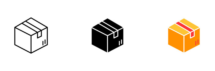 A cardboard box sealed with packing tape. This box is durable and can be used for shipping or storage. Vector set of icons in line, black and colorful styles isolated.