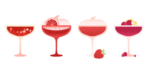 Margarita dessert glass set. Alcohol drink with berries and citrus. Red cocktail for event and celebration. Flat vector illustration with texture and gradient