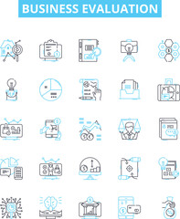 Business evaluation vector line icons set. Valuation, Analysis, Assess, Assessments, Review, Assessing, Assessors illustration outline concept symbols and signs