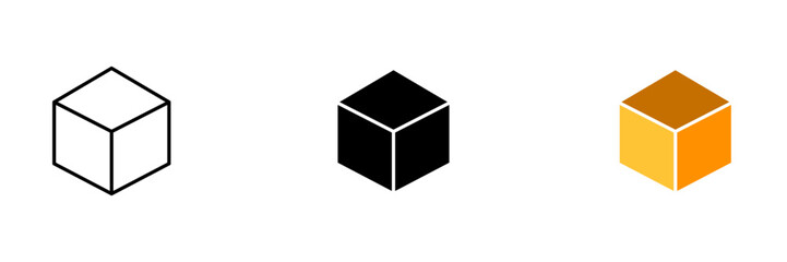 A cardboard box sealed with packing tape. This box is durable and can be used for shipping or storage. Vector set of icons in line, black and colorful styles isolated.