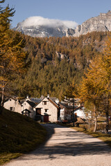 A small village of mountain cottages in the Alpe Devero,  during an autumnal morning, Northern Italy