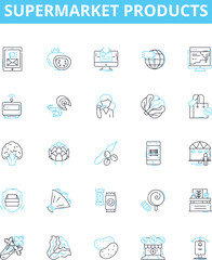 Supermarket products vector line icons set. Groceries, Produce, Dairy, Frozen, Meat, Seafood, Bakery illustration outline concept symbols and signs