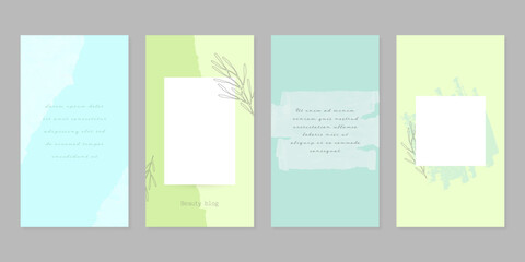 Minimalistic green and light blue social media story post templates with torn ripped paper texture. Cosmetics, skin care or beauty concept.	