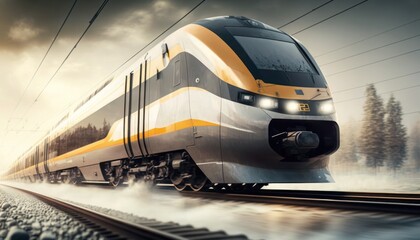 Fototapeta premium Electric passenger train drives at high speed, generative ai