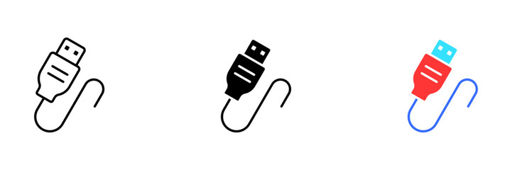 A vector illustration of a USB cable, which is a type of cable used for connecting electronic devices. Vector set of icons in line, black and colorful styles isolated.
