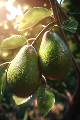 Avocados hanging, growing on a tree, close-up. Green fruits of avocado on the tree with leafs, sunlight, AI generative