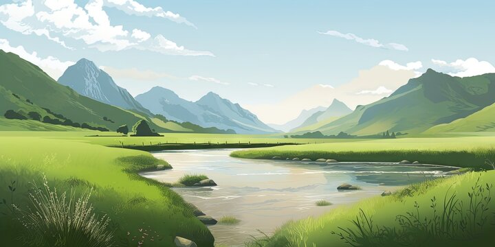 A picturesque scenery of mountains, river and green fields rendered as a vector image, Generative AI