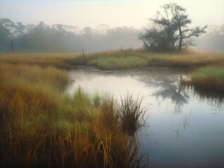 Marsh landscape in the morning with mist and fog over the meadows and water areas