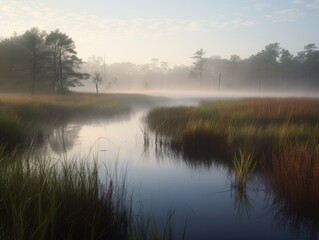 Fototapeta na wymiar Marsh landscape in the morning with mist and fog over the meadows and water areas