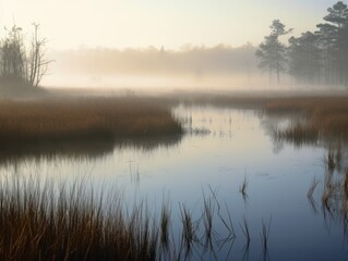 Fototapeta na wymiar Marsh landscape in the morning with mist and fog over the meadows and water areas