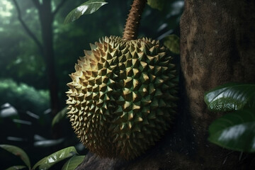 Naklejka na ściany i meble Durians, king of fruits growing on tree agriculture garden, sunlight, AI Generative.