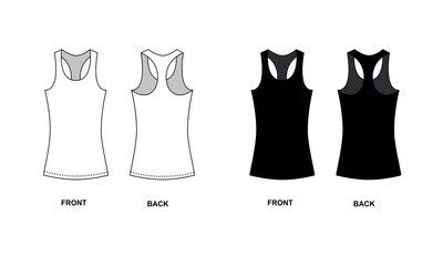 Collection of sports jerseys in black and white, vector. Women's top template, front and back view. Knitted sleeveless t-shirt with crew neck, vector.