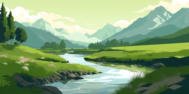A realistic vector image of a mountainous landscape with a flowing river and lush green fields, Generative AI