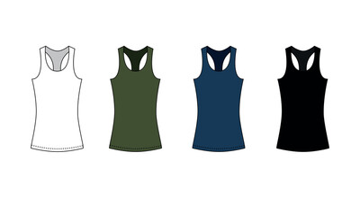 Collection of vector drawings of sports jerseys in black, blue, green, white. Women's top template, front view. Crew neck sleeveless jersey tee sketch, vector.