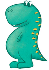 Cute green dinosaur t-rex cartoon illustration on transparent background
