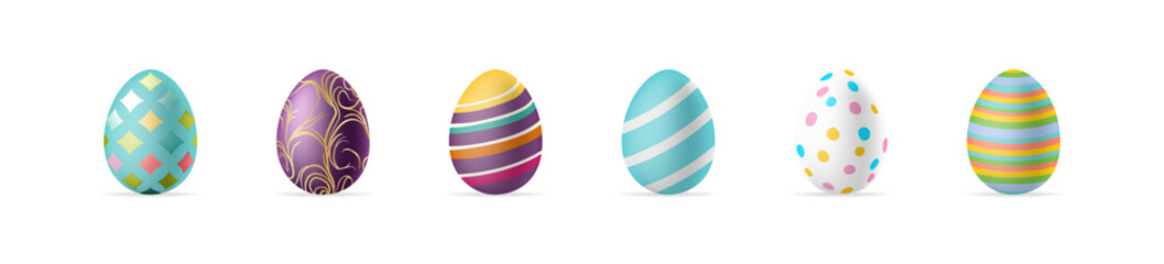 Realistic Easter eggs set. Different 3D isolated egg with colorful pattern. Vector illustration