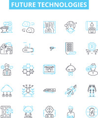 Future technologies vector line icons set. AI, Robotics, BigData, Blockchain, Cybersecurity, Quantum, Augmented illustration outline concept symbols and signs