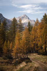 The Sun is setting behind the sharp mountain peaks of Alpe Devero, Northern Italy, during autumn