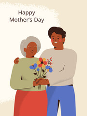 Happy man embraces his mature mother with love and care. Greeting card for Mother's day with Senior woman with her adult son. Festive vector illustration with text.