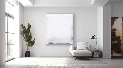 Fototapeta na wymiar one white mock up canvas on the wall. white themed interior design, modern interior. modern interior, clean, minimalist. generative AI