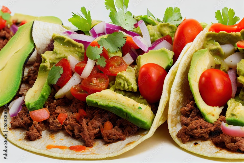 Wall mural Traditional tacos mexican with delicious filling of meat, fresh tomatoes and avocado pieces, created with generative ai